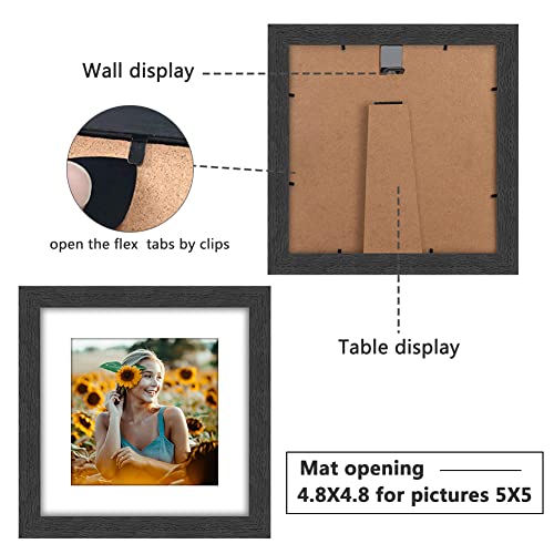 8x8 Picture Frame Rustic Black Wood Set of 6,Display Pictures 5x5 with Mat or 8x8 Without Mat,Multi Photo Frames Collage for Wall or Tabletop Display