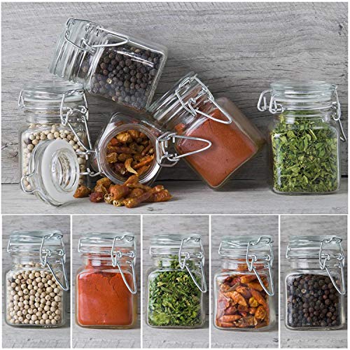 Spice Jars, SPANLA 12 Pack 4oz Small Glass Jars with Airtight Hinged Lid,  With 12 Spice Labels & Silicone Funnels, Airtight Glass Jars for Spices,  Art Craft Storage (12 Pack)