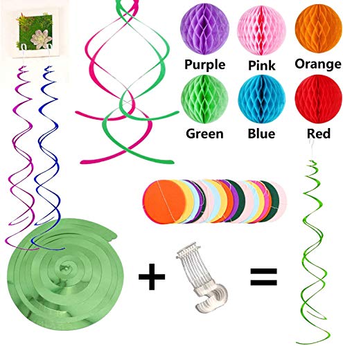 Colorful Happy Birthday Banner with Paper Triangle Flags, Bunting, Circle Confetti Dots, Hanging Garland, Honeycomb Balls, and Swirl Streamers for Birthday and Baby Shower Party Decorations