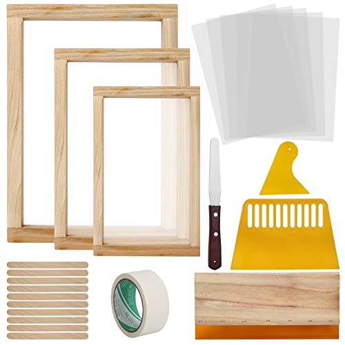 23 Pcs Screen Printing Starter Kit, Include 3 Sizes Wood Silk Screen Printing Frame, Squeegees, Transparency Inkjet Film, Masking Tape and Ink Spatula