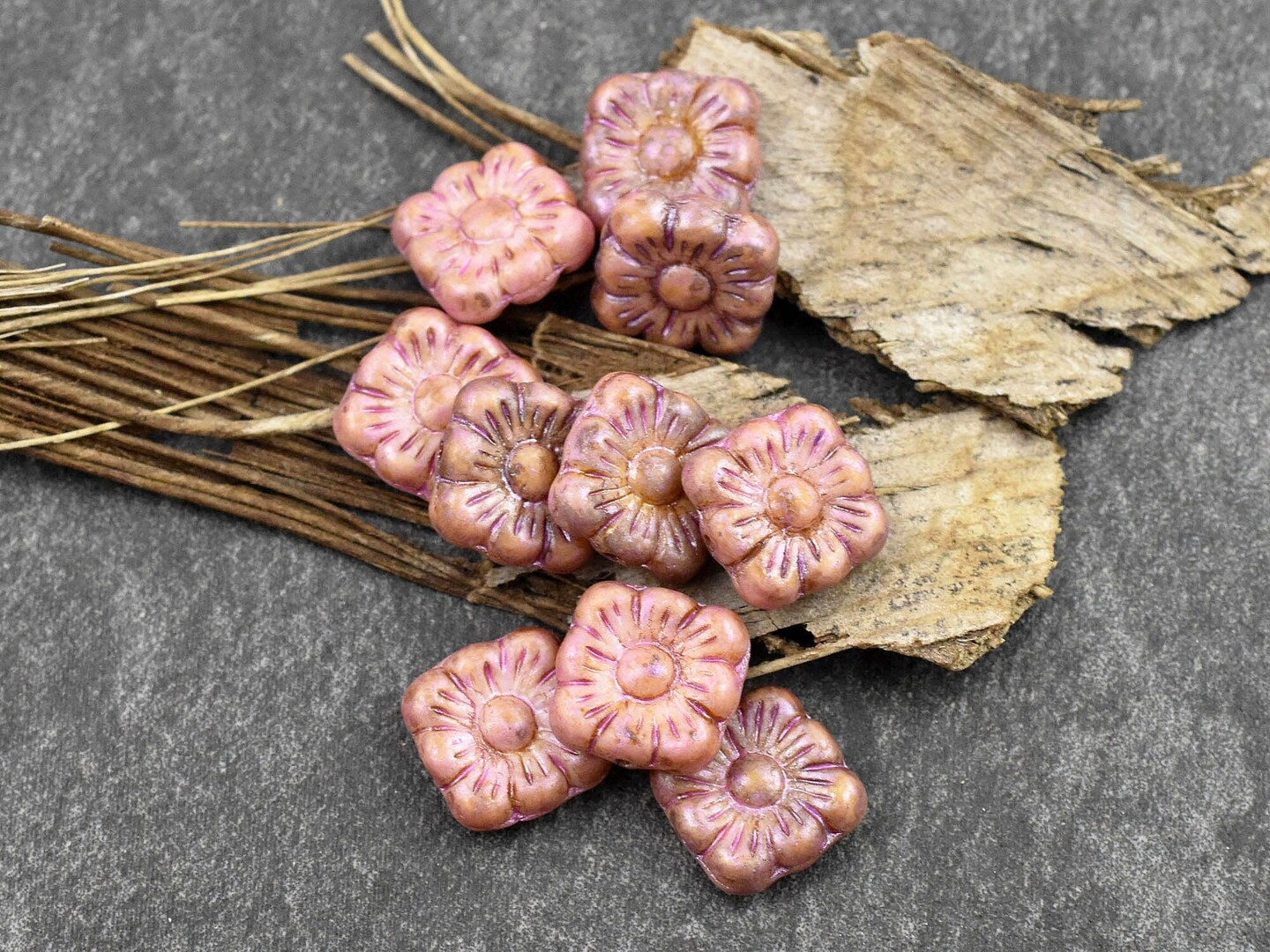 *10* 11mm Pink Washed Opaque Beige Square Flower Beads