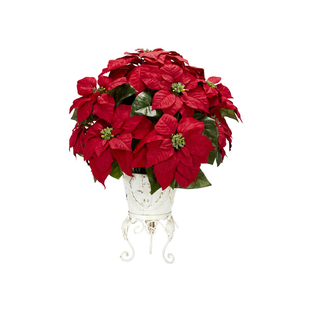 Nearly Natural   Poinsettia with Metal Planter Silk Flower Arrangement - Red