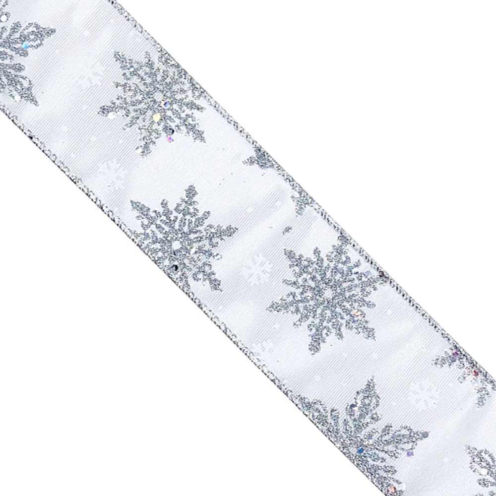 Designer&#x27;s Shop Metallic Silver Glitter Snow Flake Silver wired edge ribbons, 2.5&#x22; x 10 yard
