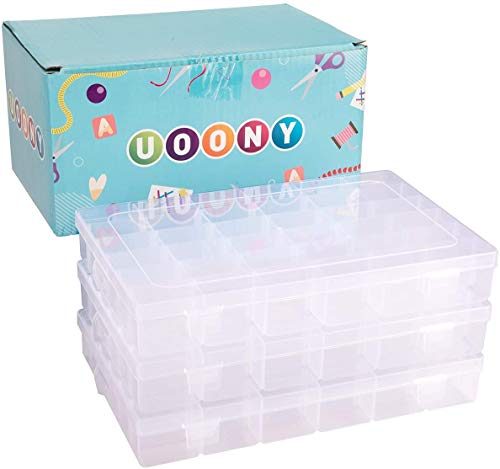 UOONY 4 Pack 36 Grids Plastic Organizer Box Craft Storage with Adjustable Dividers, Bead Organizer Container for Earrings Fishing Tackles Crafts Jewelry Thread with 400pcs Label Stickers