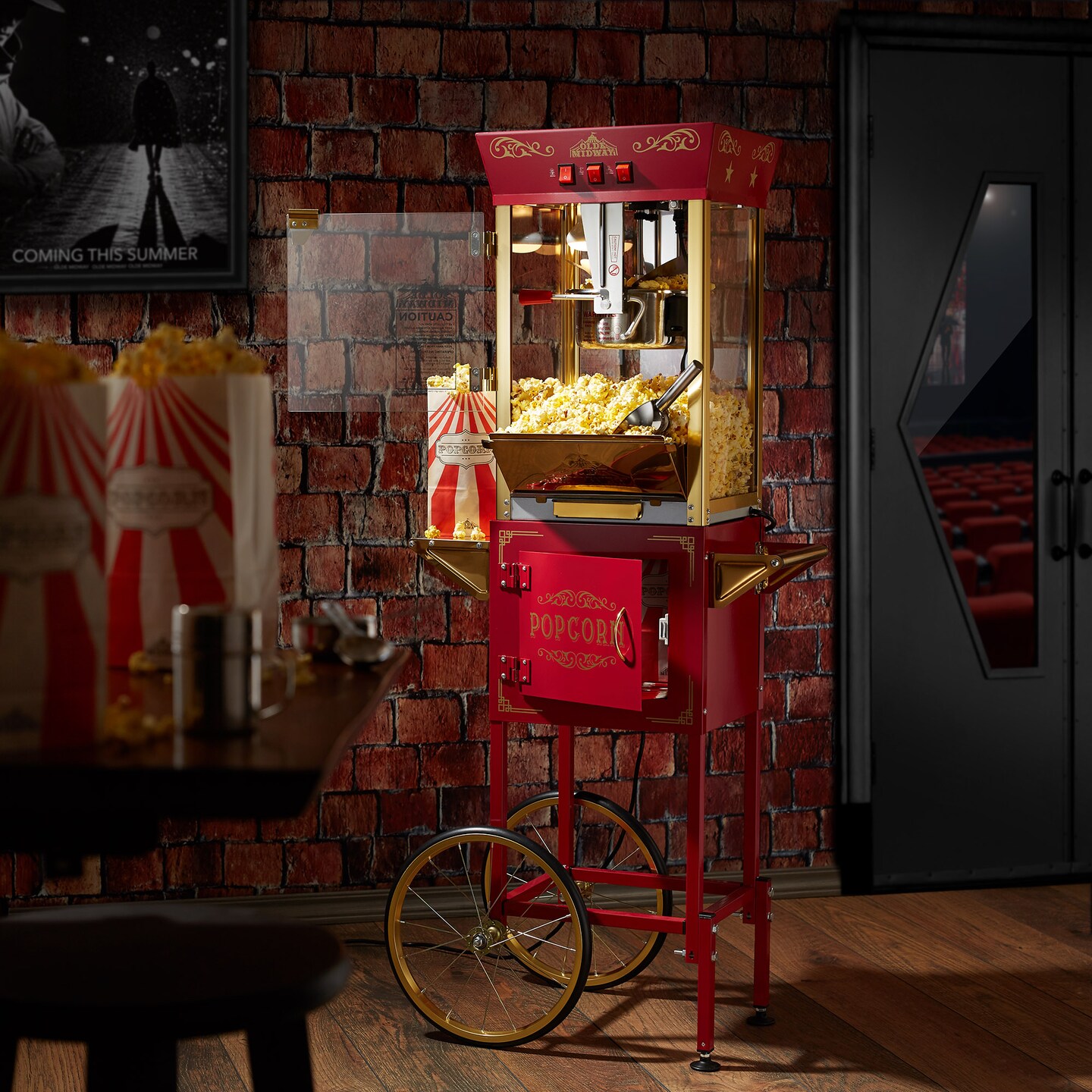 Olde Midway Movie Theater-Style Popcorn Machine Maker with Cart and 8-Ounce Kettle, Vintage-Style Popper on Wheels