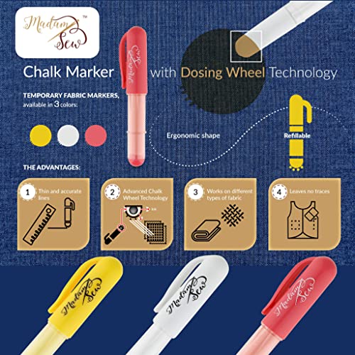  Calvana 3 Colors Per Pack Fabric Chalk Markers (Red, Blue,  White) -Erase Tailor's Chalk for Quilting and Sewing - Compatible with Most  Fabrics - With Dosing Wheel Technology : Arts, Crafts & Sewing