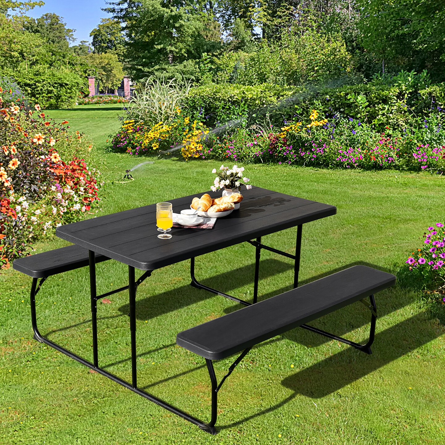Costway Folding Picnic Table & Bench Set for Camping BBQ w/ Steel Frame White/Balck