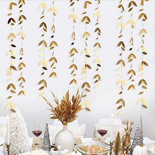 Gold Leaf Garland Hanging Decorations, 52 Ft Spring Party Banner, Paper Gold Leaves Streamer for Golden Wedding, Engagement, Bridal Shower, Birthday, Baby Shower, Summer, and Nature Tea Party Supplies