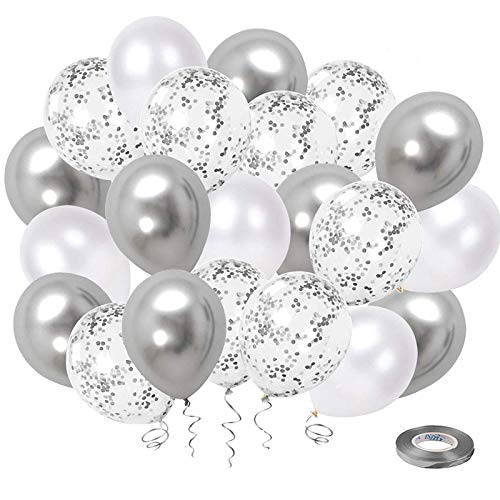 50 Pack 12 Inch White and Silver Confetti Latex Balloons - Silver Metallic Chrome Party Balloons with Silver Ribbon for Wedding, Birthday, and Baby Shower Decorations