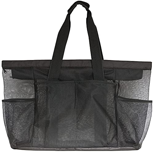 Extra Large Mesh Beach Bag with Zipper and Pockets - Oversized Duffle Tote for Towels and Beach Toys, Ideal for Family Beach/Pool Trips (Black)
