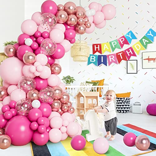 138pcs Pink Balloon Garland Arch Kit - Includes Hot Pink, White, and Metallic Rose Gold Confetti Balloons in Different Sizes for Birthday, Princess Theme, Baby Shower, Wedding, and Valentine&#x27;s Party Decorations