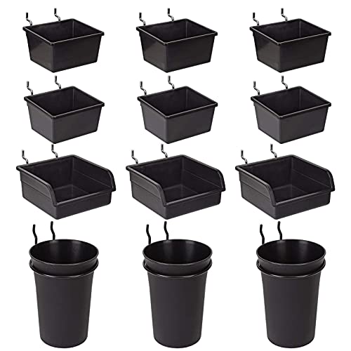 12 Pack Set Pegboard Bins PegBoard Cups with Hooks & Loops , Peg Hooks Assortment Organizer Accessory, Various Tools Storage Arrange System Kit, for Garage Craft Workshop Workbench Hobby Office