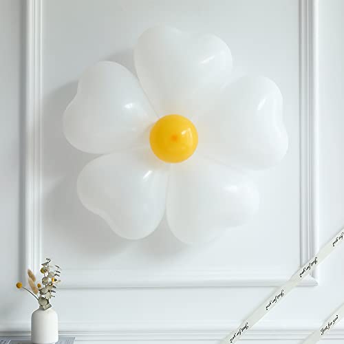 155Pcs Daisy Balloon Arch Garland Kit - Macaron Pink, Yellow, Retro Orange, White Heart Balloons, with Plum Clip and Daisy-Shaped Flowers for Groovy Party Decor, Daisy Theme Wedding, Birthday, and Baby Shower