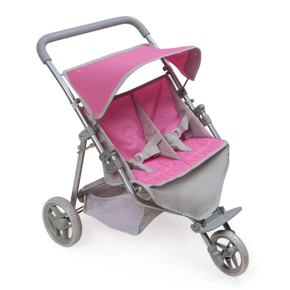 Badger Basket Co. Trek 3-Wheel Folding Twin Doll Jogging Stroller - Gray  and Pink