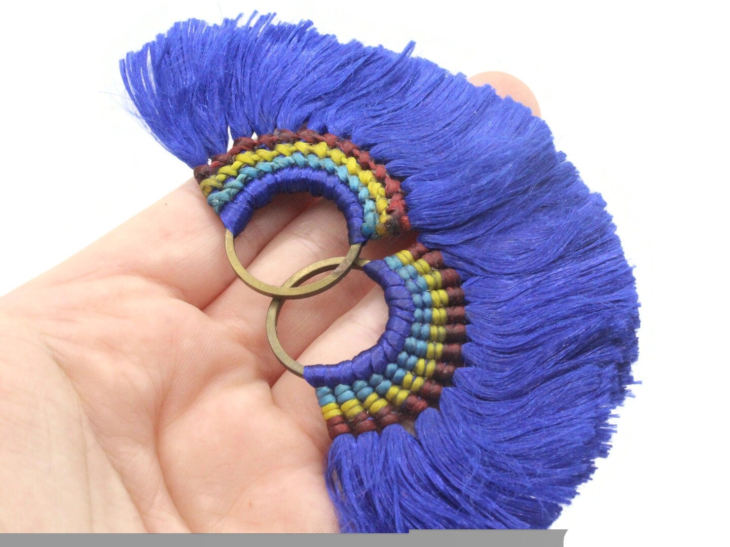 2 3.25 Inch Royal Blue with Brown Green and Yellow Thread Fan Tassel Pendants