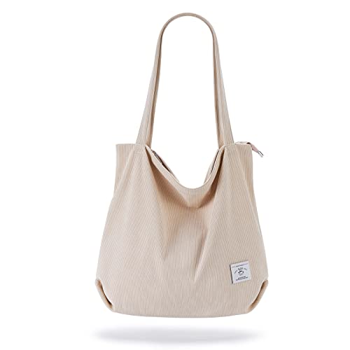Women Corduroy Tote Bag Casual Tote's Handbag Big Capacity Shoulder Bag with Pockets Zippers (Cream White)