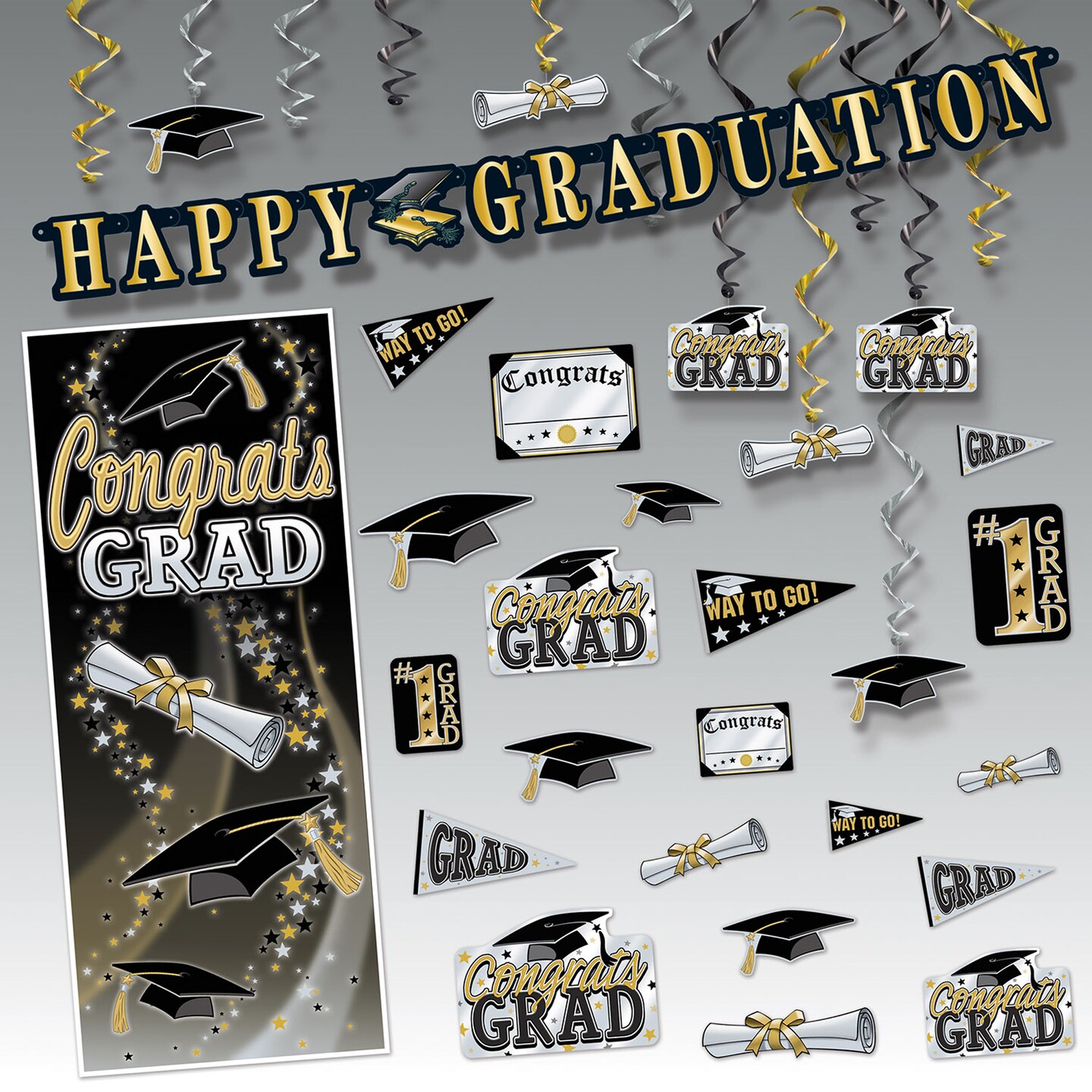 Beistle 18.75&#x22; Yellow, Black, and White Paper Happy Graduation Party Kit