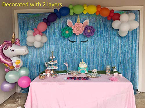 2 Pack 3.2 ft x 8.2 ft Tinsel Foil Fringe Curtains Backdrop, Sparkle Metallic Foil Curtains for Party Photo Booth Props Decoration, Light Blue