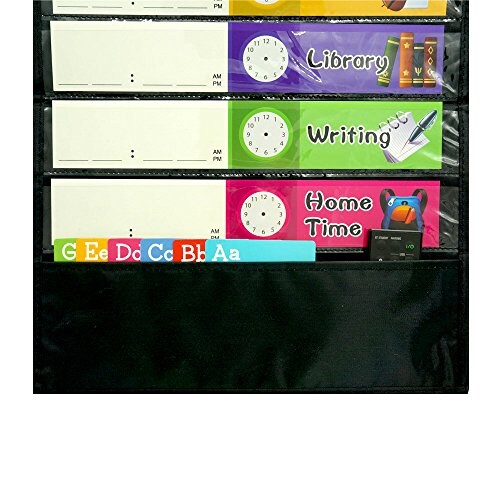 Daily Schedule Pocket Chart, Black Class Schedule with 26 Cards, 13+1 Pockets. 13 Colored + 13 Blank Double-Sided Reusable Cards, Easy Over-Door Mountings Included. (13” x 36”)