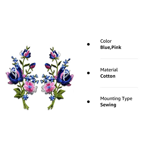 Pink and Blue Roses Pair - Floral Bouquet Embroidered Appliques, Iron-On Patches, New