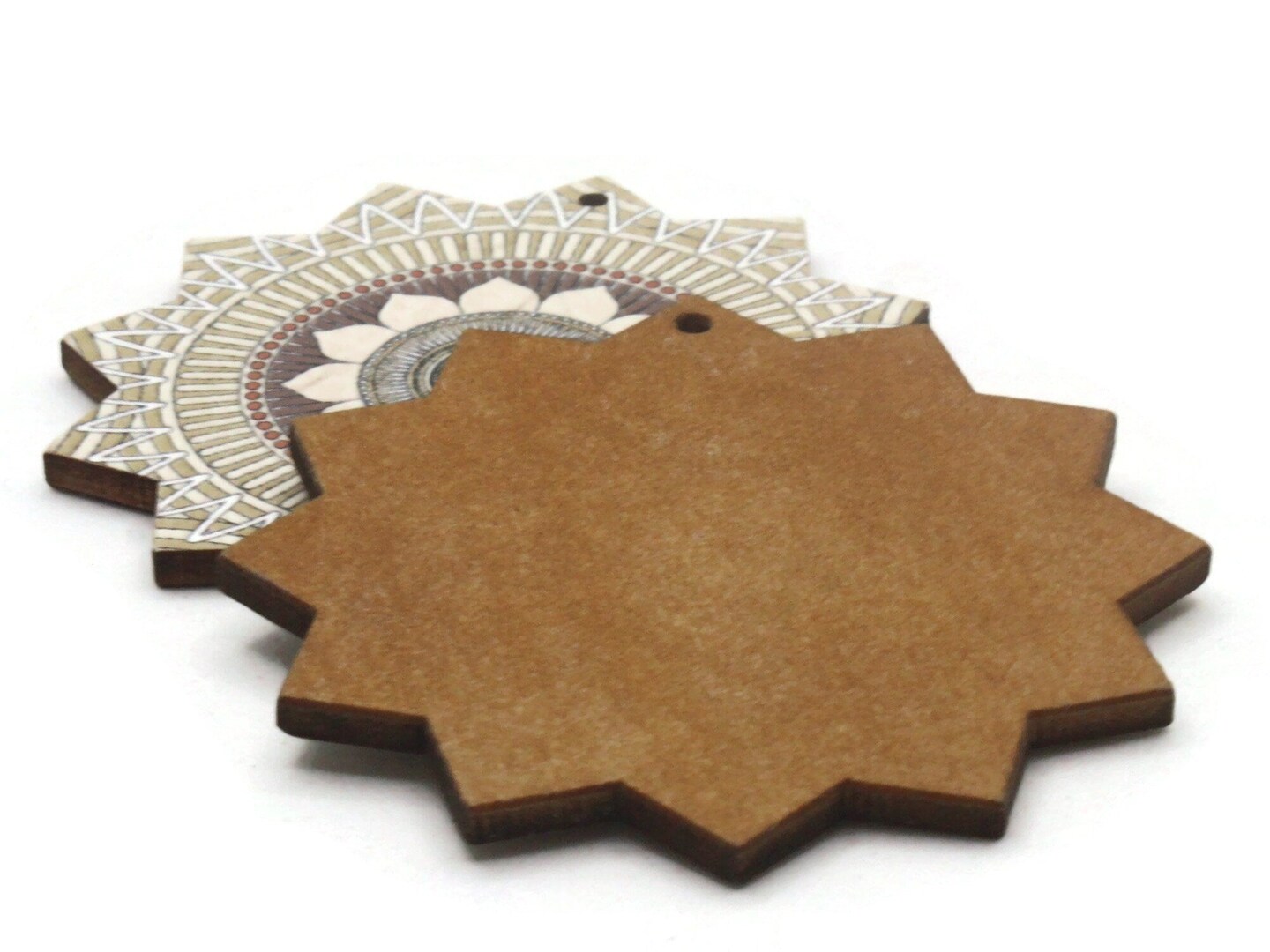 2 61mm White and Brown Printed Wood Flat Flower Pendants