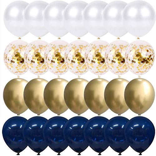 50 pcs 12 Inch Navy Blue and Gold Confetti Balloons - Pearl White and Gold Metallic Chrome Balloons for Birthday, Celebration, and Graduation Party