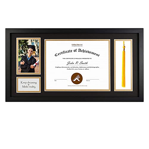 Golden State Art, 11x22 Black Diploma Frame with Tassel Holder for 8.5x11 Diploma and 4x6 Photo with Solid Wood and Tempered Glass, Black Over Gold Mat for Wall, Graduation Keepsakes, 1 Pack