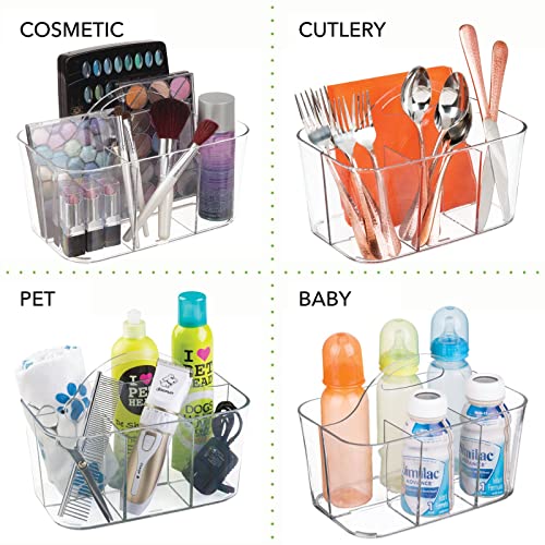 Plastic Cutlery Storage Organizer Caddy Bin Tote with Handle - Kitchen Cabinet Divided Pantry Basket for Forks, Knives, Spoons, Napkins, Indoor/Outdoor Use, Lumiere Collection, Clear