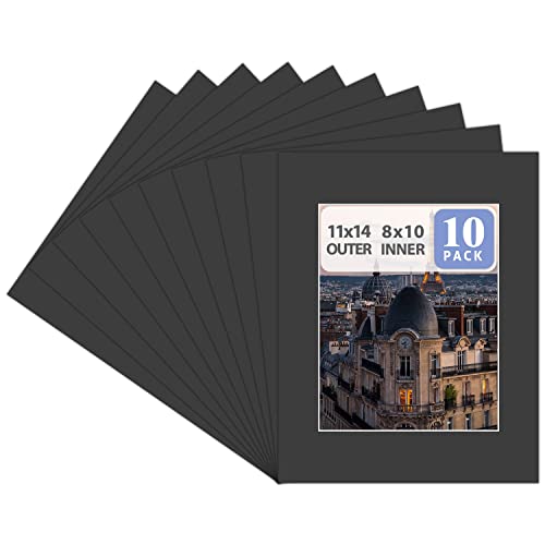Golden State Art, Pack of 10 11x14 Black Picture Mat Set with White Core Bevel Cut for 8x10 Photo