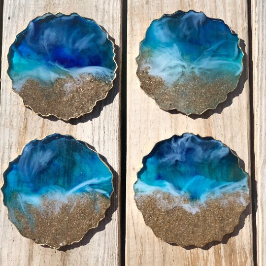 Beach Resin coasters, Handmade ocean inspired coasters, costume coaster 2024 set