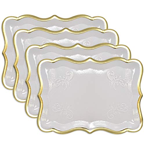 10 White Rectangle Trays with Gold Rim Border for Elegant Dessert Table Serving Parties 9" X 13" Heavy Duty Disposable Paper Cardboard for Platters, Cupcake Display, Birthday Party, Weddings Food Safe