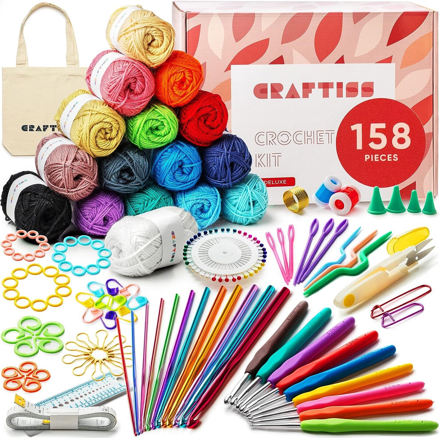 158 Pieces Crochet Kit for Beginners with 16 Colors of Acrylic