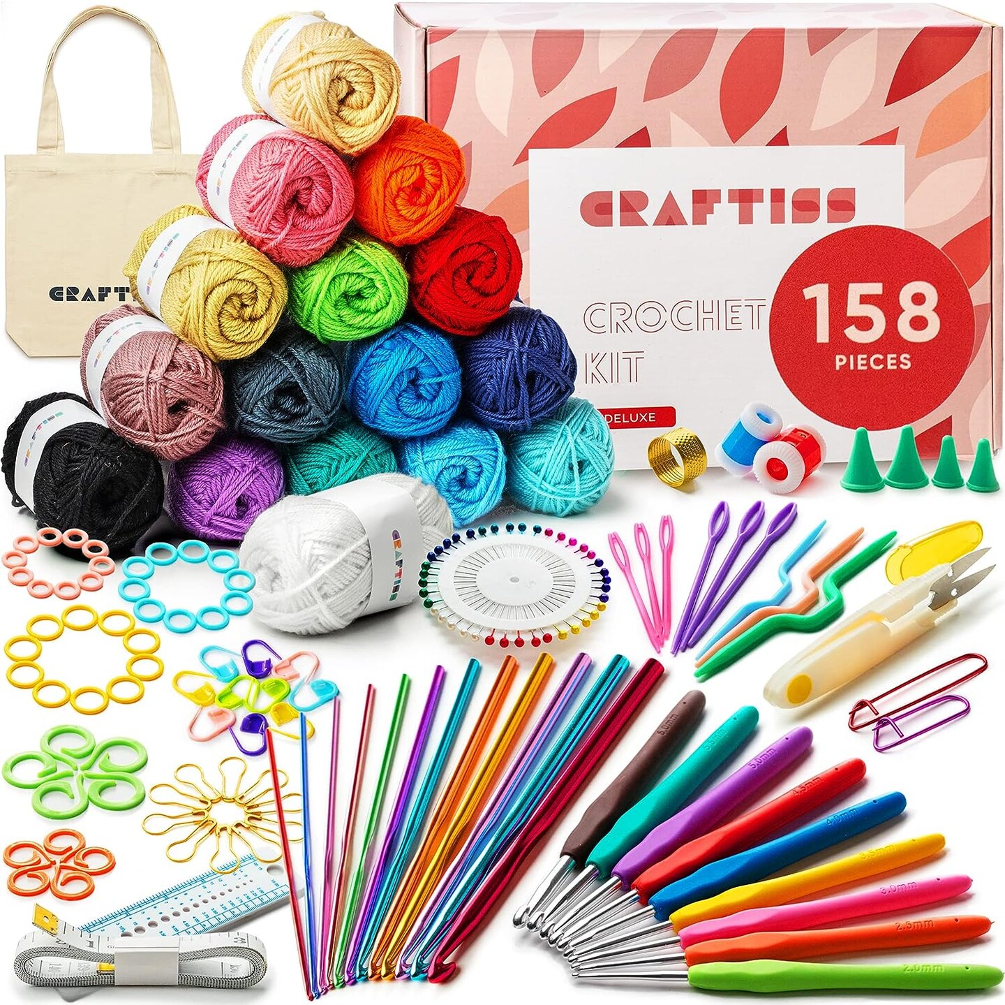 158 Pieces Crochet Kit for Beginners with 16 Colors of Acrylic Yarn