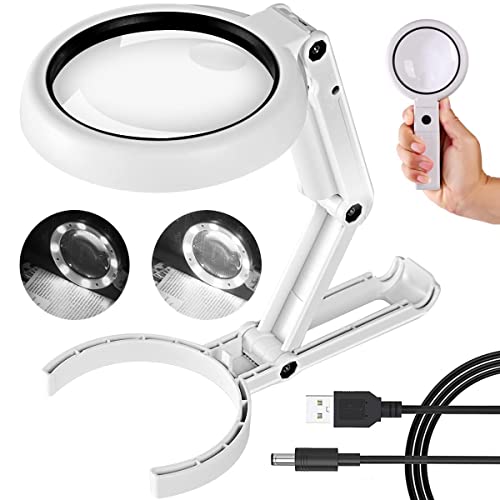 30X 10X Magnifying Glass with Light and Stand, Foldable Handheld Magnifying Glass &#x26; 2 Level Dimmable for Close Work, Macular Degeneration, Seniors Reading, Powered by Battery or USB
