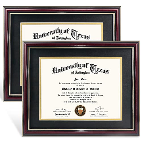 GraduationMall 8.5x11 Diploma Frame with Black Over Gold Mat or Display 11x14 Certificate Without Mat,Solid Wood &#x26; UV Protection Acrylic,Glossy Cherry Finish with Gold Trim,2 Pack