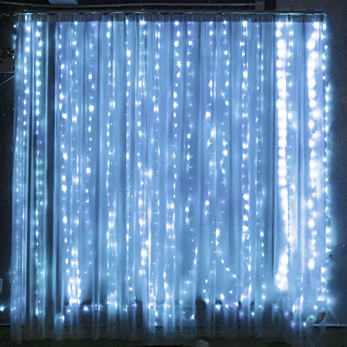 Curtain String Lights - 300 LED, 9.8ft x 9.8ft, 8 Lighting Modes, USB Powered, Waterproof Fairy Lights for Christmas, Parties, Weddings, and Indoor/Outdoor Wall Decorations (White)