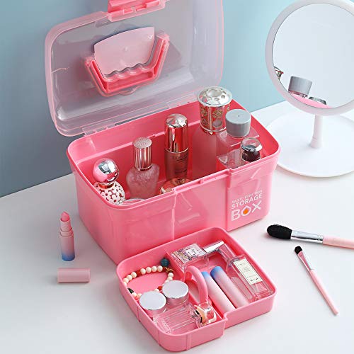 11'' Plastic Storage Box with Removable Tray, Multipurpose Organizer and Storage Case for Art Craft and Cosmetic (Pink)