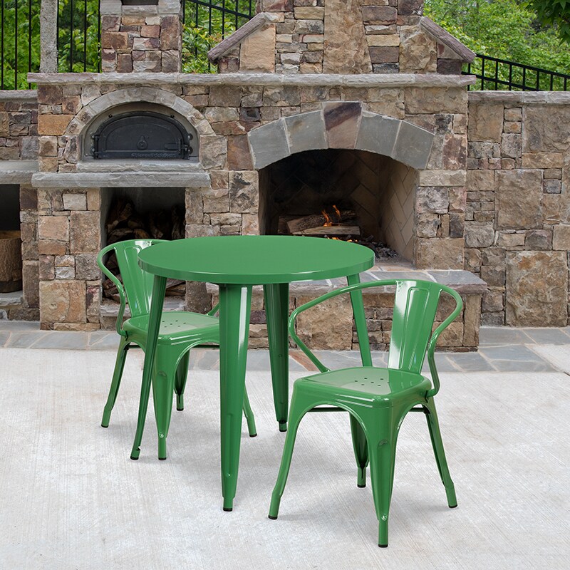 Flash Furniture Commercial Grade 30" Round Green Metal Indoor-Outdoor Table Set with 2 Arm Chairs