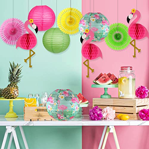 Flamingo Party Decorations - Hawaiian Party Supplies with Flamingo Palm Leaves, Hibiscus Flowers, Paper Lanterns, and Hot Pink Honeycomb Tissue Paper Fans for Luau Birthday Party and Home Decor