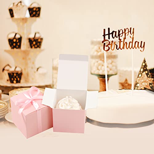 COTOPHER 100pcs Wedding Favor Boxes, Paper Gift Boxes 3x3x3 Inches Small Gift Boxes with Ribbons Small Boxes for Gifts, Crafting, Cupcake, Candy, Bridesmaid Proposal Boxes&#xFF0C;Easy Assemble Boxes (Pink, 100)