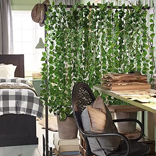 HO2NLE 12 Pack 84 Feet Artificial Fake Hanging Vines Plant Faux Silk Green Leaf Garlands Home Office Garden Outdoor Wall Greenery Cover Jungle Party Decoration