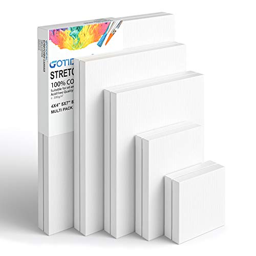 GOTIDEAL Stretched Canvas, Multi Pack 4x4&#x22;, 5x7&#x22;, 8x10&#x22;,9x12&#x22;, 11x14&#x22; Set of 10, Primed White - 100% Cotton Artist Canvas Boards for Painting, Acrylic Pouring, Oil Paint Dry &#x26; Wet Art Media