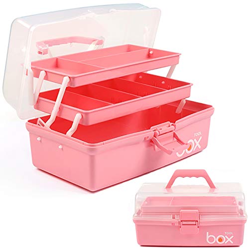 TERGOO 12in Three-Layer Multipurpose Storage Box Organizer Folding Tool Box/Art  & Crafts Case/Sewing Supplies Organizer/Medicine Box/Family First Aid Box  with 2 Trays (Pink)