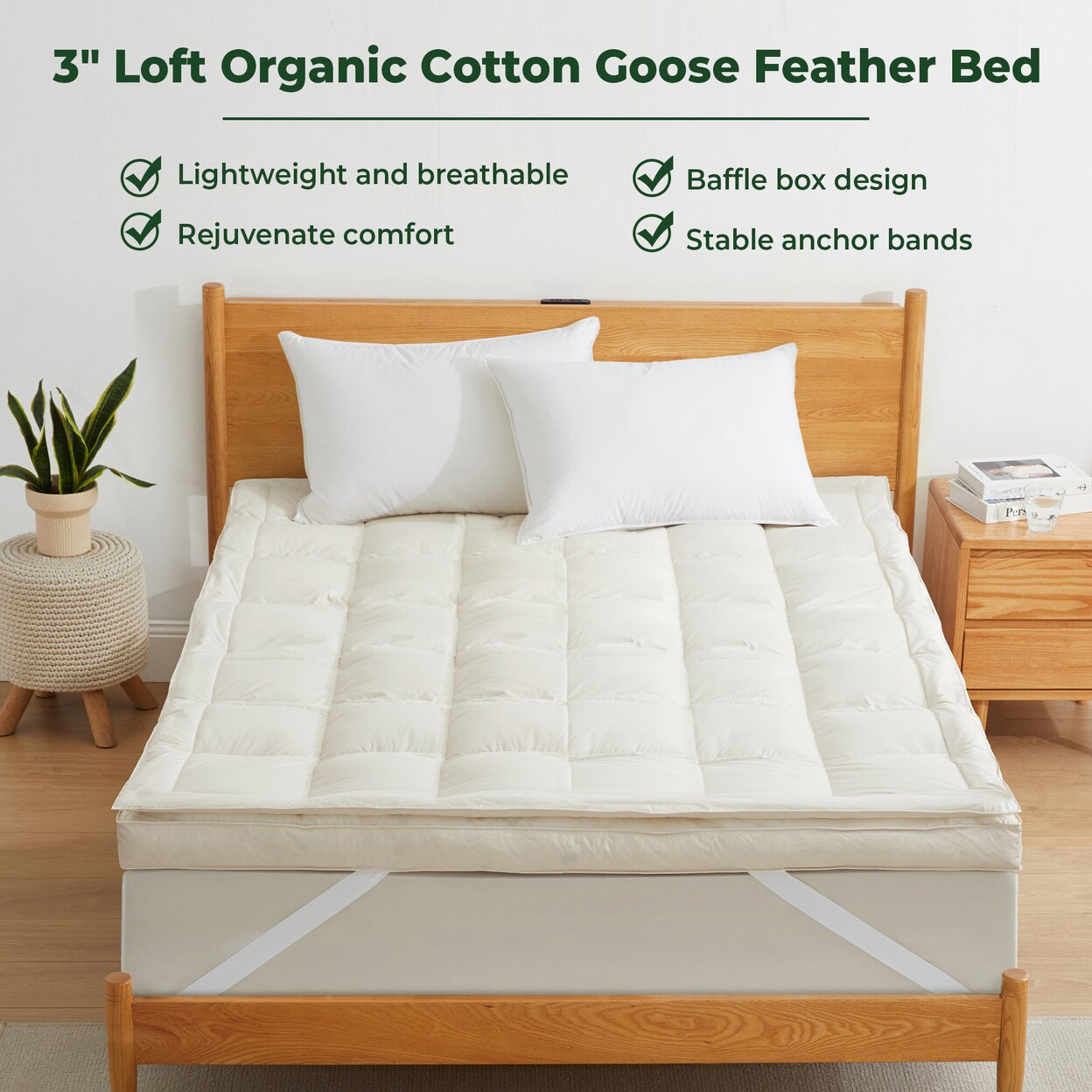 PUREDOWN Premium White Goose Feather Mattress Topper 3&#x22; Soft Feather Bed 300 TC Organic Cotton Cover Eco-friendly and Breathable