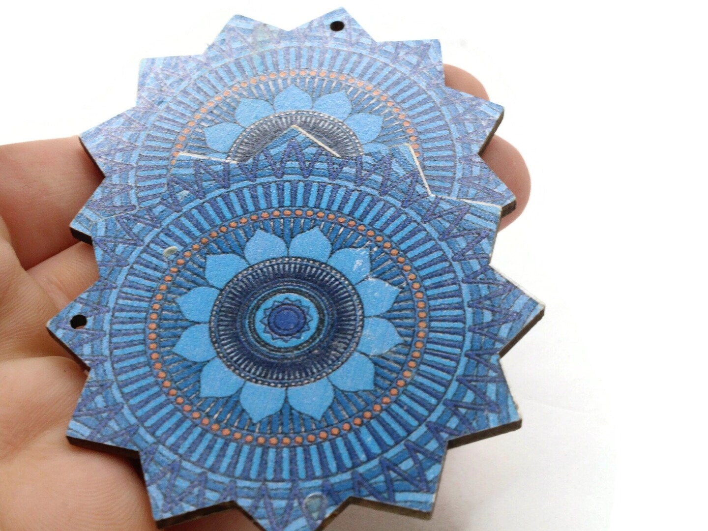 2 61mm Blue Printed Wood Flat Flower Pendants