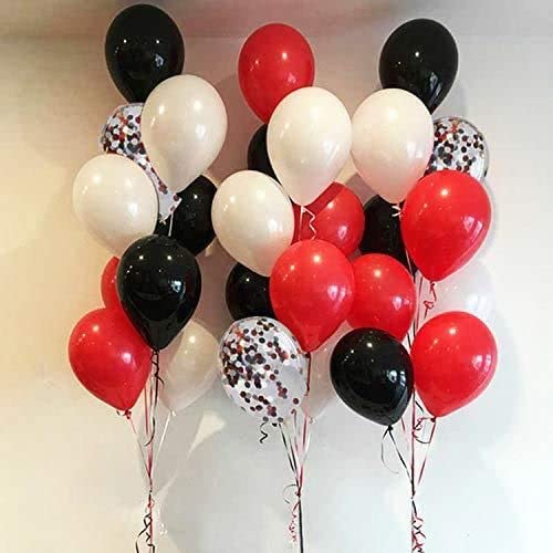 50 Pack 12 Inch Red and Black Latex Balloons - Black, White, and Red Confetti Balloons with Ribbons for Birthday, Graduation, Wedding, Bridal Shower, and Party Decorations