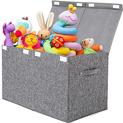 popoly Large Toy Box Chest with Lid, Collapsible Sturdy Toy Storage Organizer Boxes Bins Baskets for Kids, Boys, Girls, Nursery, Playroom, 25&#x22;x13&#x22; x16&#x22; (Linen Gray)