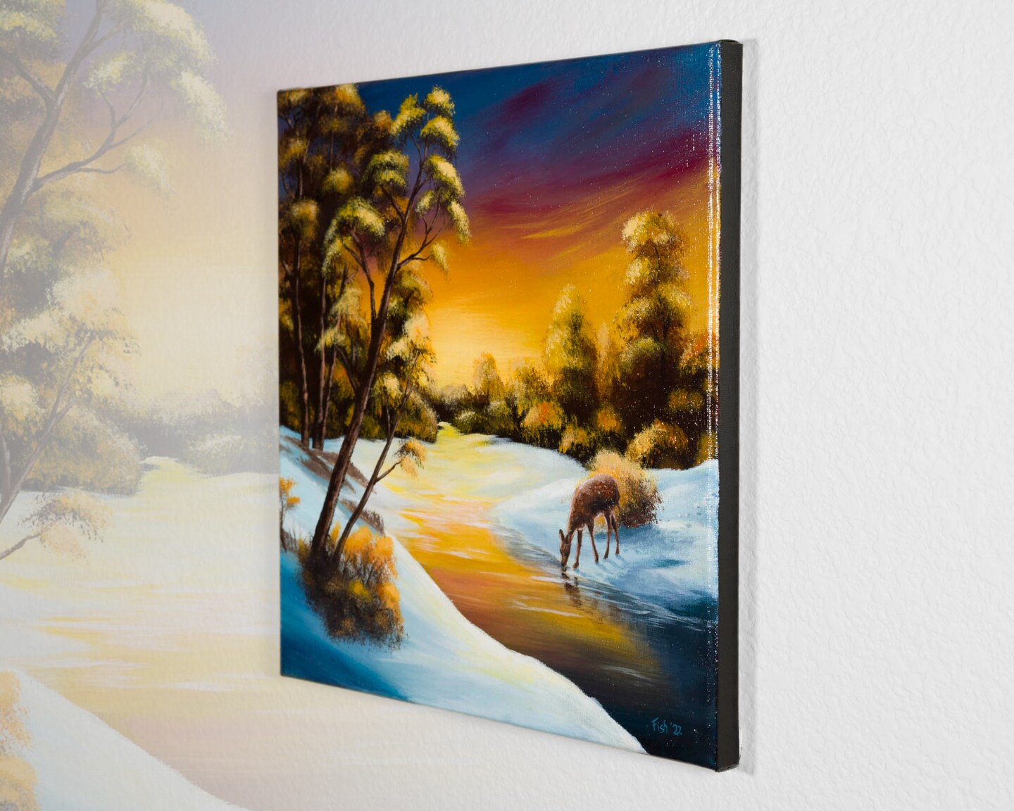 ORIGINAL Deer Drinking from River Acrylic Painting,Sunset Landscape Canvas Wall Art, Bedroom Decor, Original Painting, 12x12 Deer Canvas Art