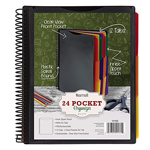 24 Pocket Spiral Project Organizer - Includes 12 Dividers, Customizable Front Cover, Erasable Write-On Tabs in Assorted Colors, and Plastic Folders with Pockets