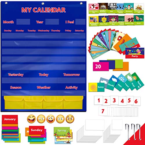 Calendar and Weather Pocket Chart with 148 Cards 108 Illustrated Activity Cards 40 Dry Erasable Flash Cards and 3 Hooks 28 x 35.5 Inches